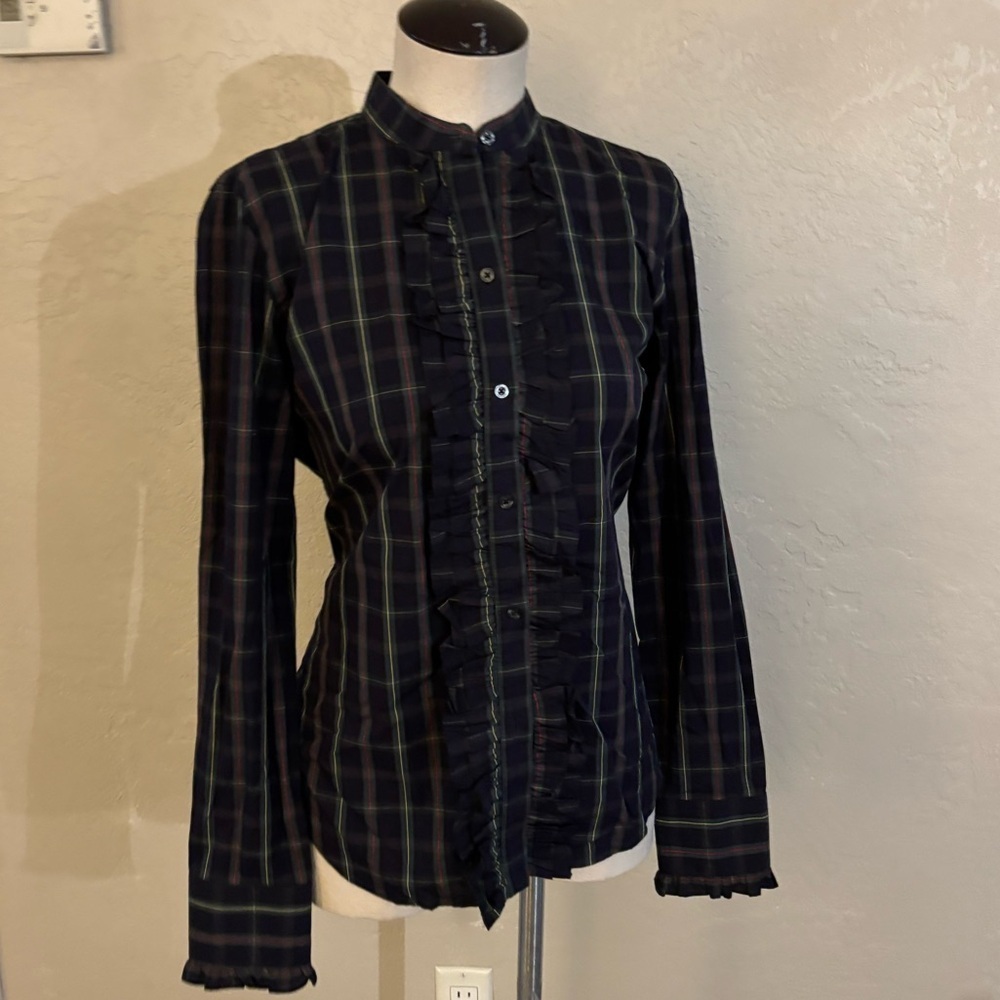 Chaps Ralph Lauren Tartan Plaid Ruffle Button-Up Shirt Sz Med